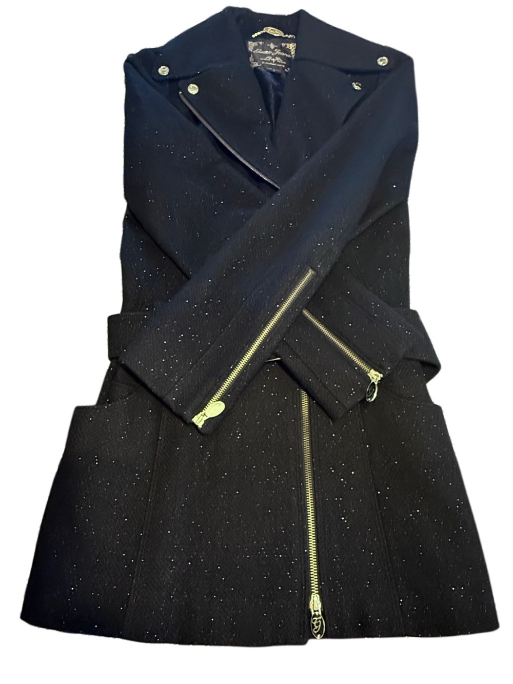 GUESS Black Wool Blend Coat XS Gold Shimmer Sparkle Moto Trench Belted Zip - Picture 14 of 14